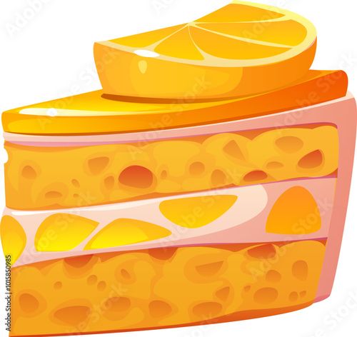 Cartoon lemon cake confectionery and sweet pastry. Vector dessert, slice of yellow layered pie with a bright, citrusy piece on top and multiple soft sponge layers filled with cream, and juicy segments