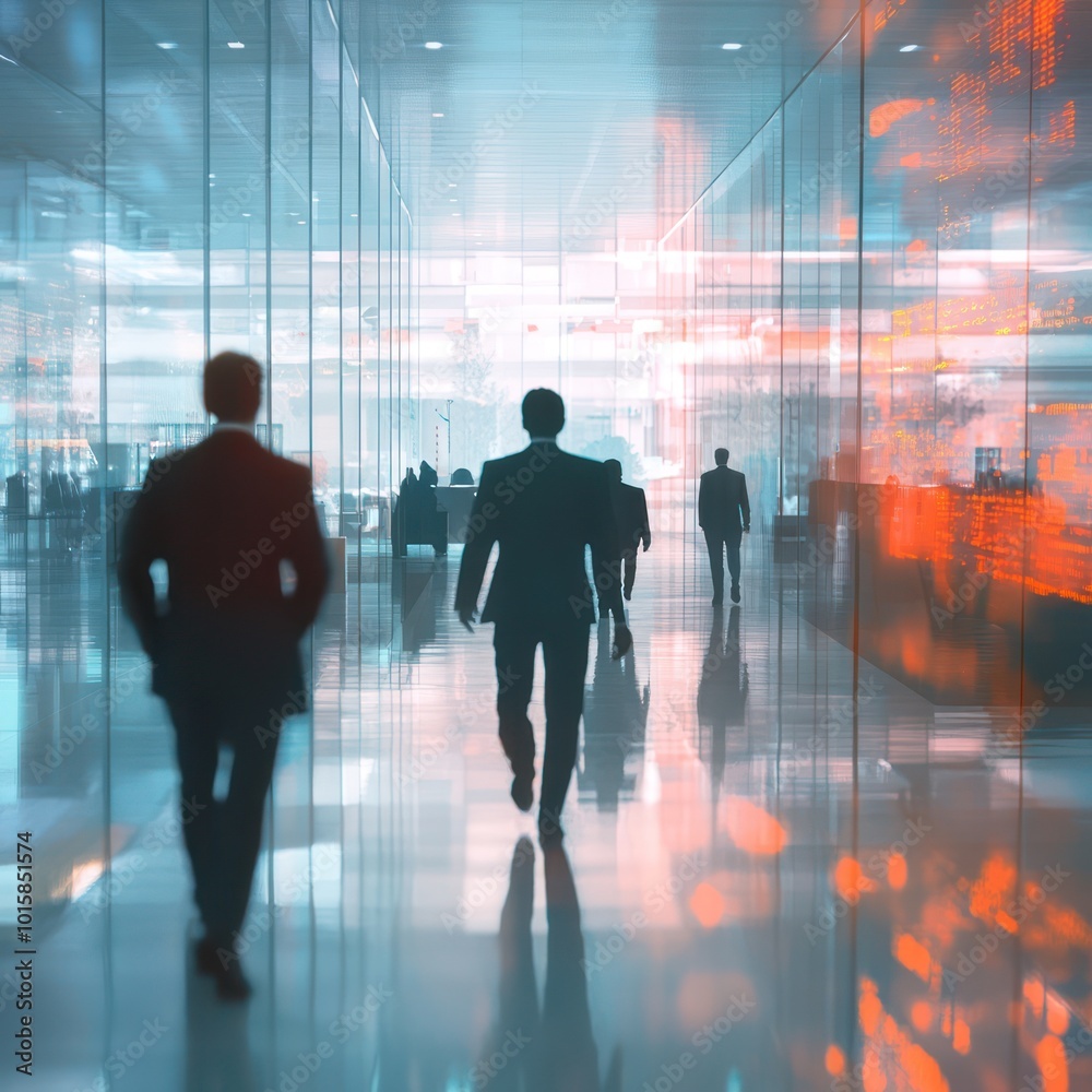 Businesspeople in formal attire walking through a high-tech office building. Businesspeople in formal attire walking through a high-tech office building.