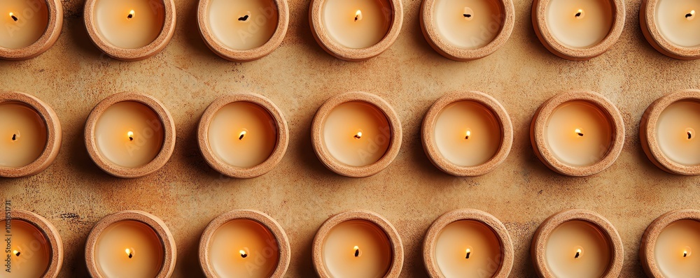 A close-up of traditional clay diya lamps arranged in a beautiful pattern. A close-up of traditional clay diya lamps arranged in a beautiful pattern.