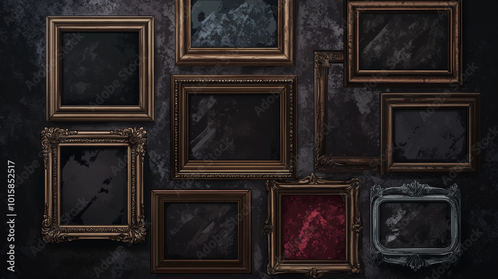 A collection of classic picture frames, drawn in a realistic style, are placed against a dark background.