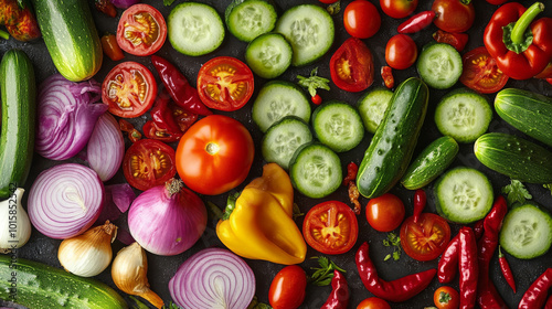 A colorful pattern of fresh vegetables like cucumbers, onions, chili peppers, and tomatoes. photo