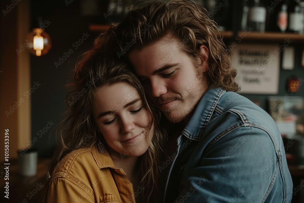 Young couple in love hugging and looking at each other in a pub