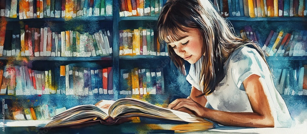 Fototapeta premium Girl Reading in Library