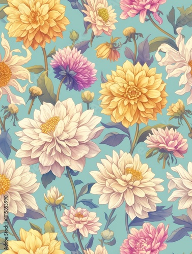 Seamless pattern featuring hand-drawn dahlia flowers in vibrant colors, showcasing intricate details and floral beauty, perfect for textiles, wallpapers, and stationery designs.