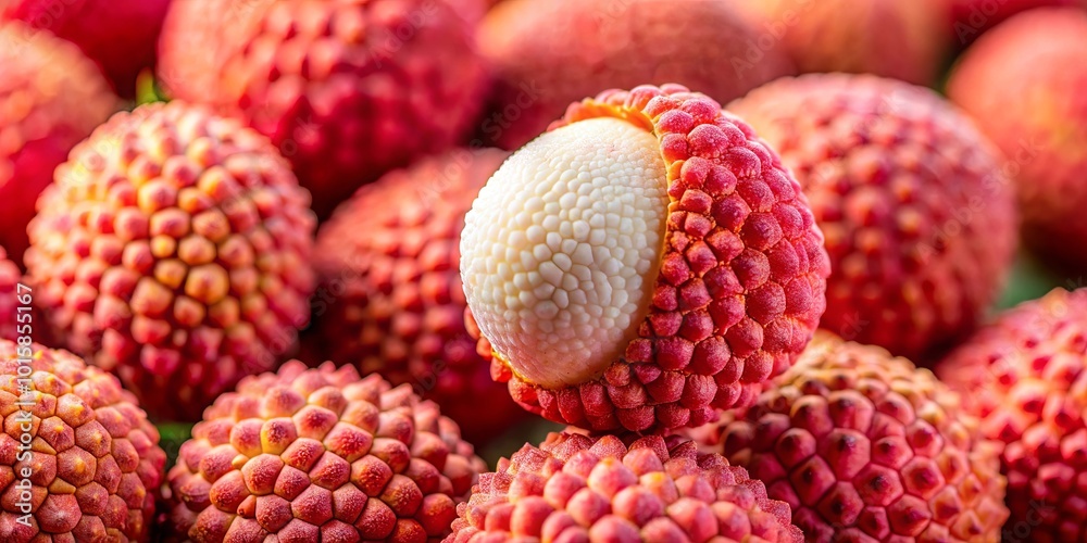 A Close-Up View of a Lychee Fruit Partially Opened Revealing its Delicate White Flesh Surrounded by Other Ripe Lychees A Close-Up View of a Lychee Fruit Partially Opened Revealing its Delicate White Flesh Surrounded by Other Ripe Lychees