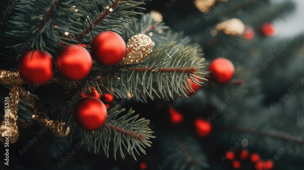 Christmas tree branch with ornaments close-up Christmas tree branch with ornaments close-up