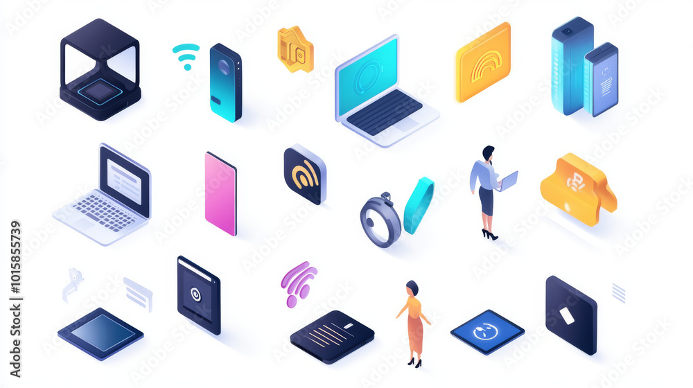 A set of 5G internet icons, including pictures of electronic devices and people. The images are designed in a 3D style. A set of 5G internet icons, including pictures of electronic devices and people. The images are designed in a 3D style.