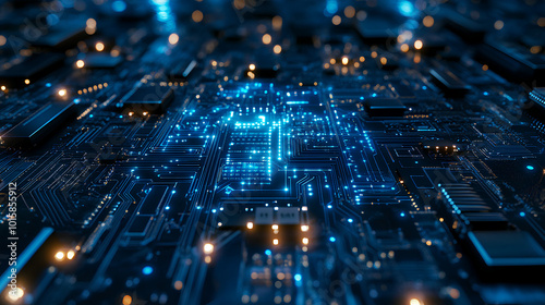 A close-up of a circuit board with glowing blue lines and connectors.