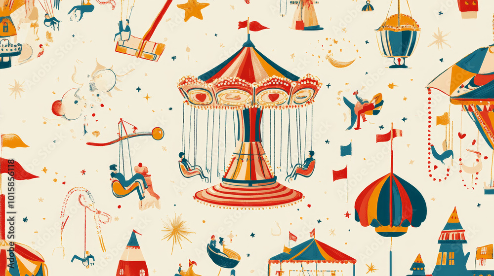 A colorful pattern of a summer amusement park, featuring a carousel, giant swing, and other exciting rides. A colorful pattern of a summer amusement park, featuring a carousel, giant swing, and other exciting rides.