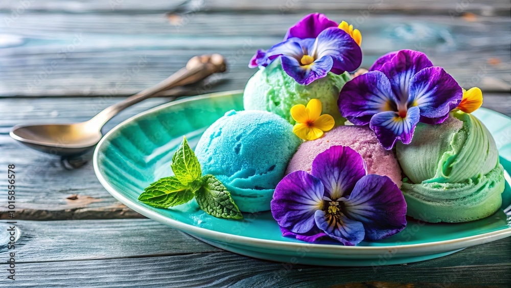 A Delicate Arrangement of Pastel Ice Cream Scoops Adorned with Vibrant Purple and Yellow Flowers on a Blue Plate A Delicate Arrangement of Pastel Ice Cream Scoops Adorned with Vibrant Purple and Yellow Flowers on a Blue Plate