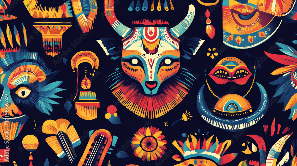 A colorful design featuring Indian cultural elements like holy animal masks, traditional clothing, and musical instruments. It's perfect for wrapping paper or other creative projects.