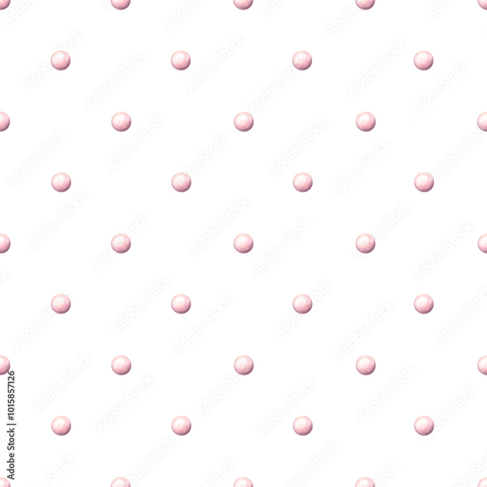 Seamless pattern with pink perls. Polka dot print. Hand drawn watercolor illustration. Companion fabric with delicate children's print. Simple ornament for girly themes. Template for wrapping, cover. Seamless pattern with pink perls. Polka dot print. Hand drawn watercolor illustration. Companion fabric with delicate children's print. Simple ornament for girly themes. Template for wrapping, cover.