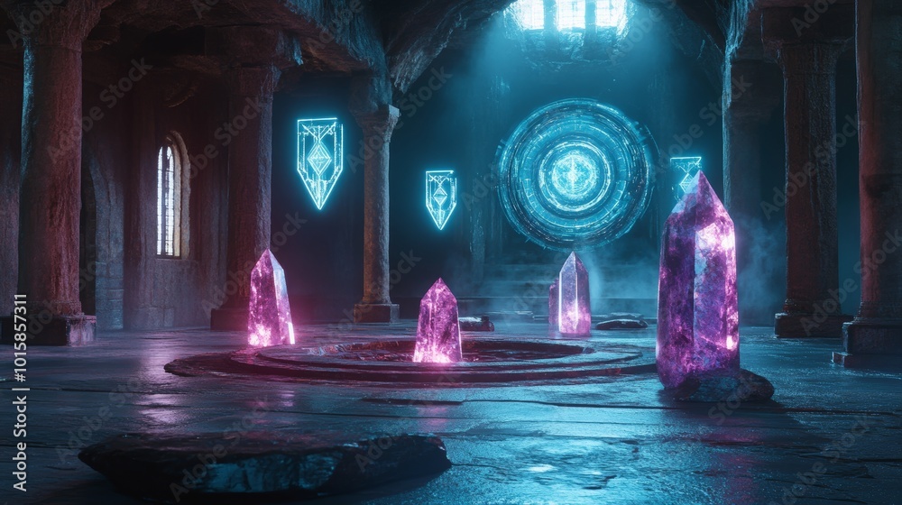 Obraz premium A 3D rendering of a futuristic crystal circle, energy waves visible in the air, with holographic symbols floating above each stone, in a glowing sacred chamber