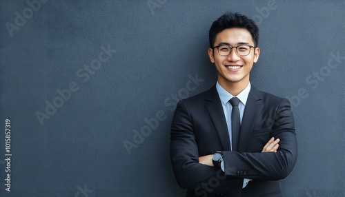 Smiling Businessman in Suit and Glasses Standing with Arms Crossed Against a Blue Wall photo