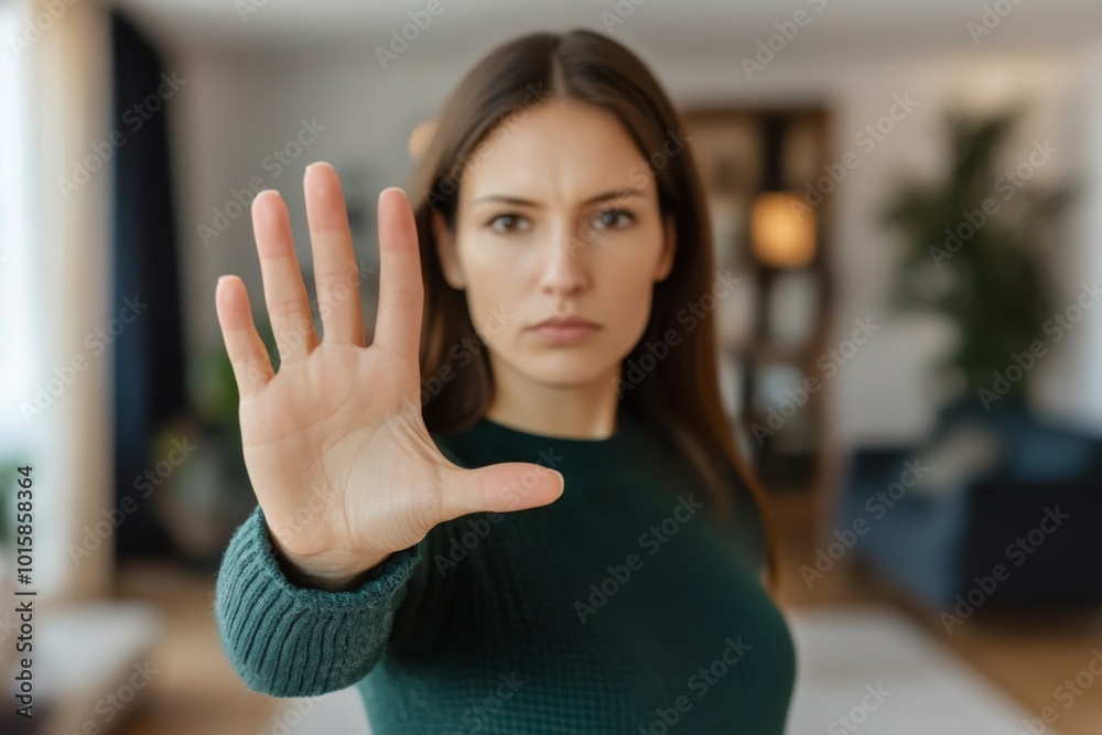 Woman standing alone in a quiet room, holding a small sign with a coat hanger symbol, representing abortion rights, with ample copy space for text or design. Woman standing alone in a quiet room, holding a small sign with a coat hanger symbol, representing abortion rights, with ample copy space for text or design.