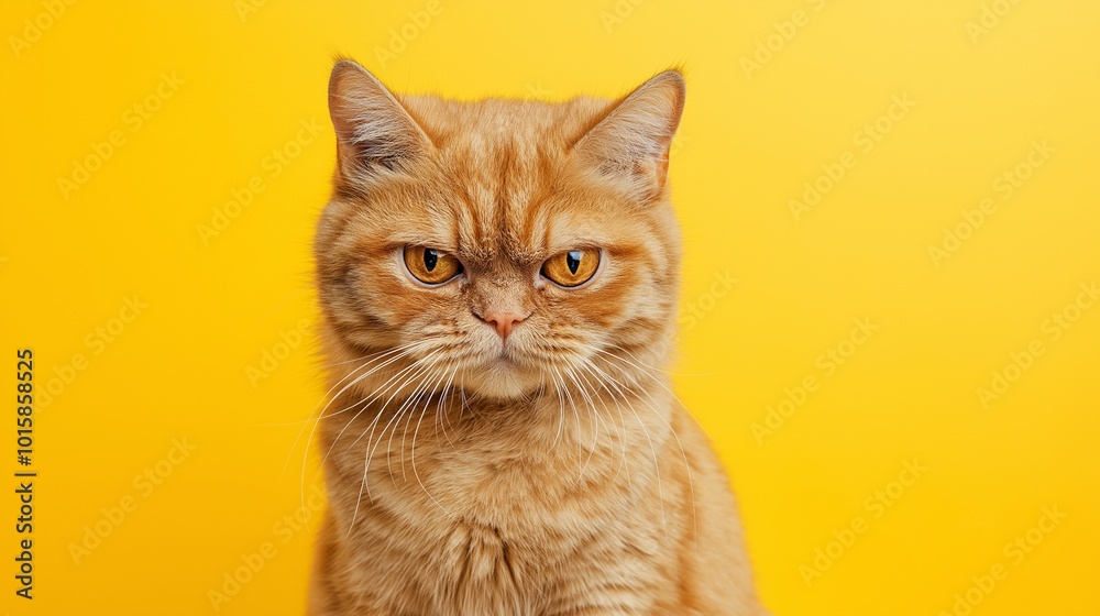 Ginger British Shorthair cat with a grumpy expression, looking at the camera against a yellow background Ginger British Shorthair cat with a grumpy expression, looking at the camera against a yellow background