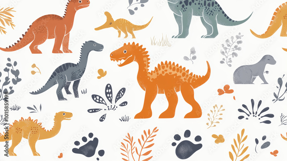 A fun, doodle-style pattern featuring dinosaurs and their footprints. The design repeats seamlessly, perfect for wrapping paper or other creative projects. A fun, doodle-style pattern featuring dinosaurs and their footprints. The design repeats seamlessly, perfect for wrapping paper or other creative projects.