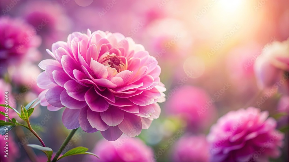 A single delicate pink flower blooms against a soft, blurred background of similar flowers bathed in warm sunlight. A single delicate pink flower blooms against a soft, blurred background of similar flowers bathed in warm sunlight.