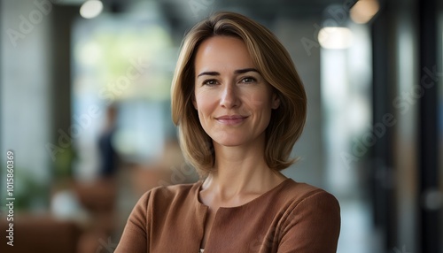 Portrait of a Smiling Woman in a Brown Blouse