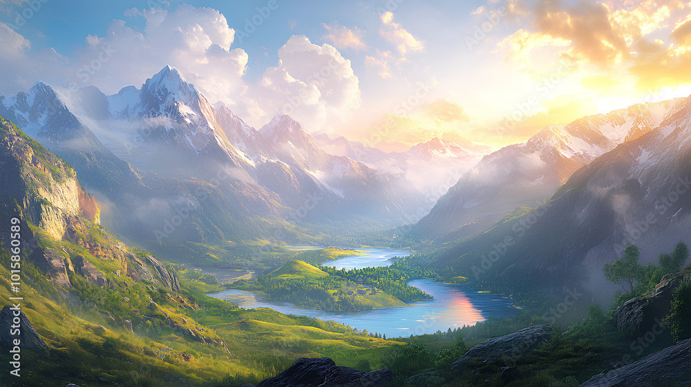 A scenic view of a mountain valley with a winding river, surrounded by lush greenery and snow-capped peaks under a vibrant sunset sky. A scenic view of a mountain valley with a winding river, surrounded by lush greenery and snow-capped peaks under a vibrant sunset sky.