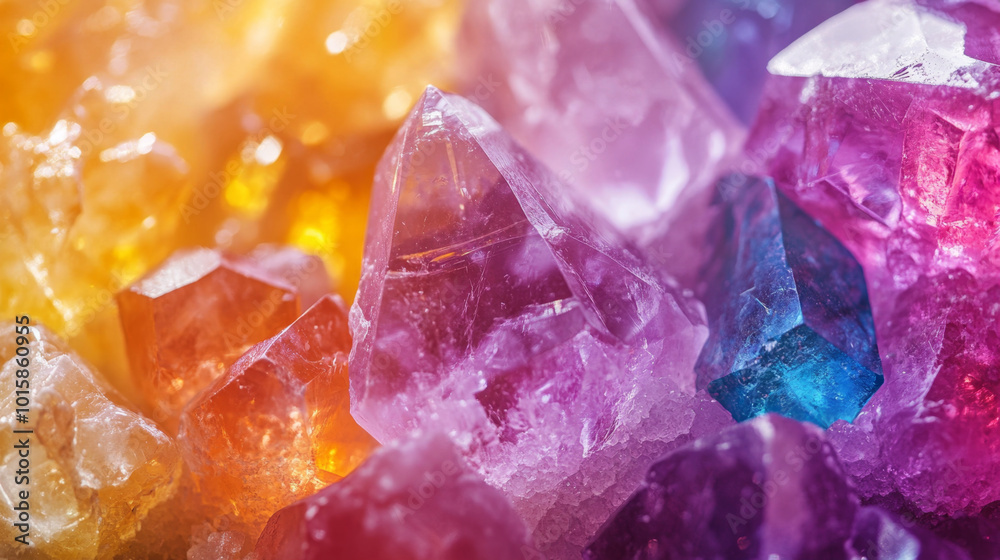 A collection of brightly colored raw crystals in various hues, capturing their natural beauty and light-reflecting properties. A collection of brightly colored raw crystals in various hues, capturing their natural beauty and light-reflecting properties.