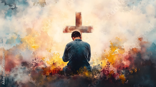 Christian man praying in front of a cross in a watercolor style. Digital watercolor painting.