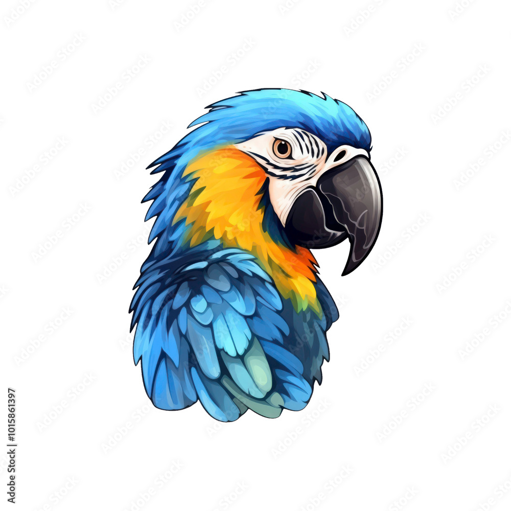 Obraz premium Blue and yellow macaws perched on a branch with green leaves are suitable for nature, wildlife, birds, and tropical themed designs. Generative AI