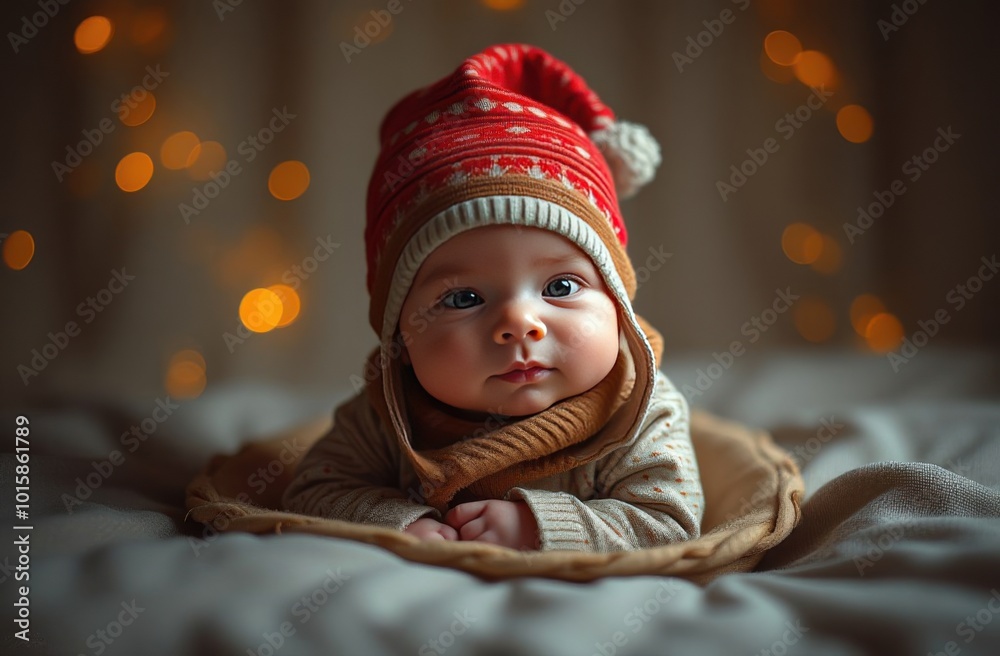 Christmas card with baby in gnome costume, cute newborn looking at camera, smiling in gnome costume, on holiday background Christmas card with baby in gnome costume, cute newborn looking at camera, smiling in gnome costume, on holiday background