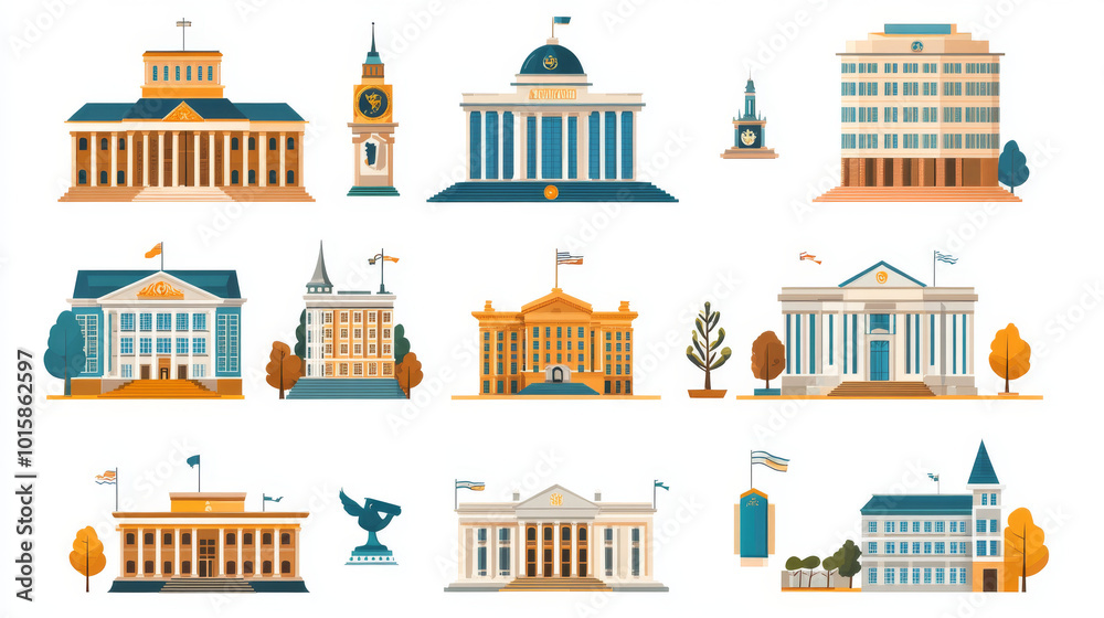A set of government buildings with symbols representing different government departments. A set of government buildings with symbols representing different government departments.
