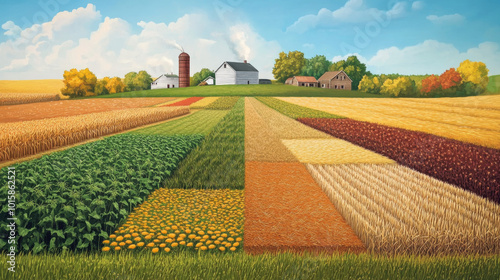 This illustration shows different stages of harvesting on a farm, with each step shown as a square field section.