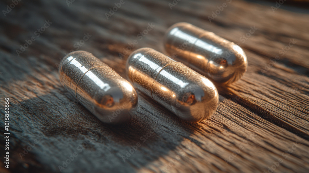 Close-up of three metallic capsules resting on a rustic wooden surface, highlighted by warm, natural light.