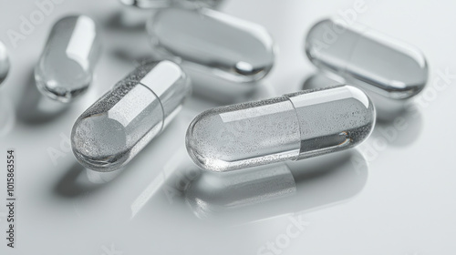 Close-up of transparent capsules with suspended particles, arranged on a reflective surface, emphasizing clarity and purity.