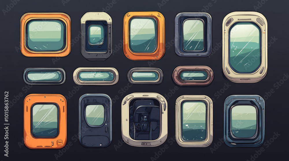 This is a collection of different shaped and colored windows, like the ones you see on airplanes, ships, and submarines. These are simple drawings that can be used for different projects. This is a collection of different shaped and colored windows, like the ones you see on airplanes, ships, and submarines. These are simple drawings that can be used for different projects.