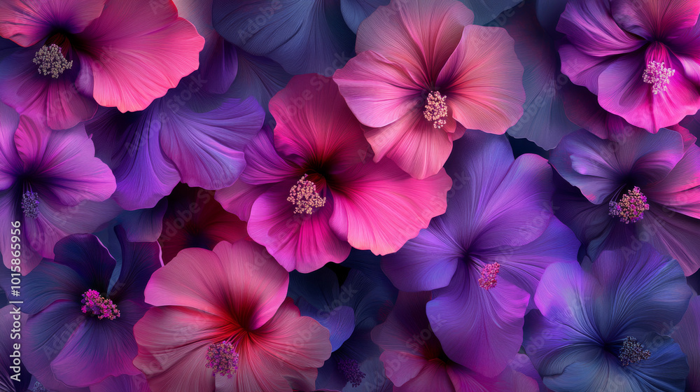 A background design with a beautiful pattern of colorful tropical flowers in shades of pink, purple, and violet. A background design with a beautiful pattern of colorful tropical flowers in shades of pink, purple, and violet.