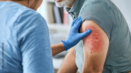 a medical professional examining a patient's rash, highlighting the diagnostic process for skin symptoms. photo