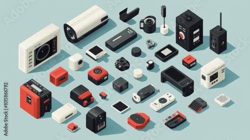 This illustration shows different security system parts like motion sensors, cameras, and alarms in a 3D style.