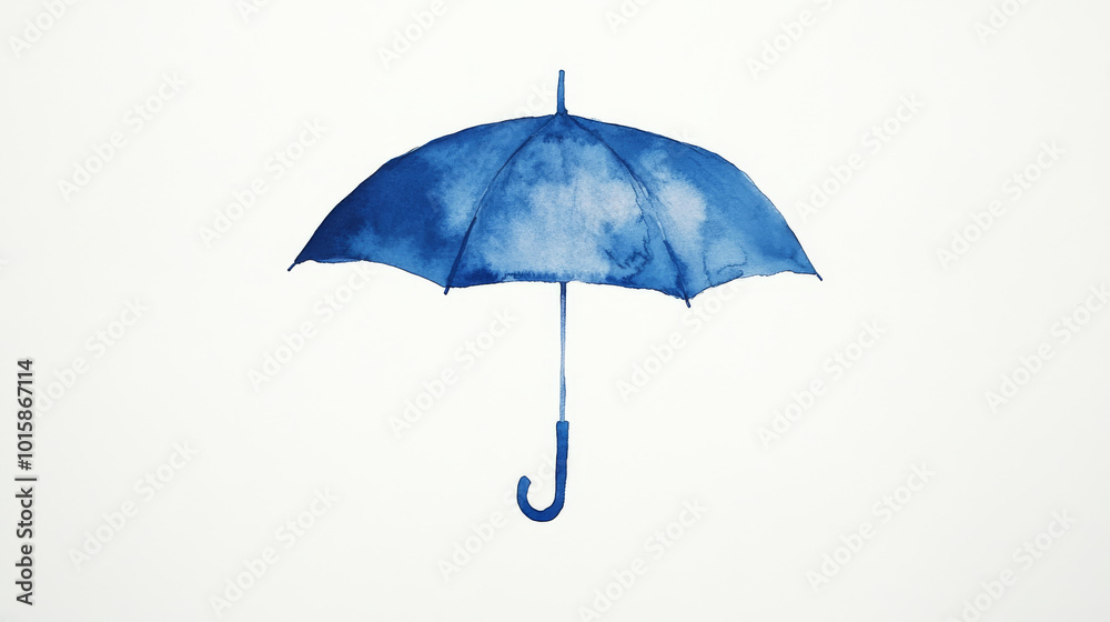 A simple drawing of an open, blue umbrella against a white background.