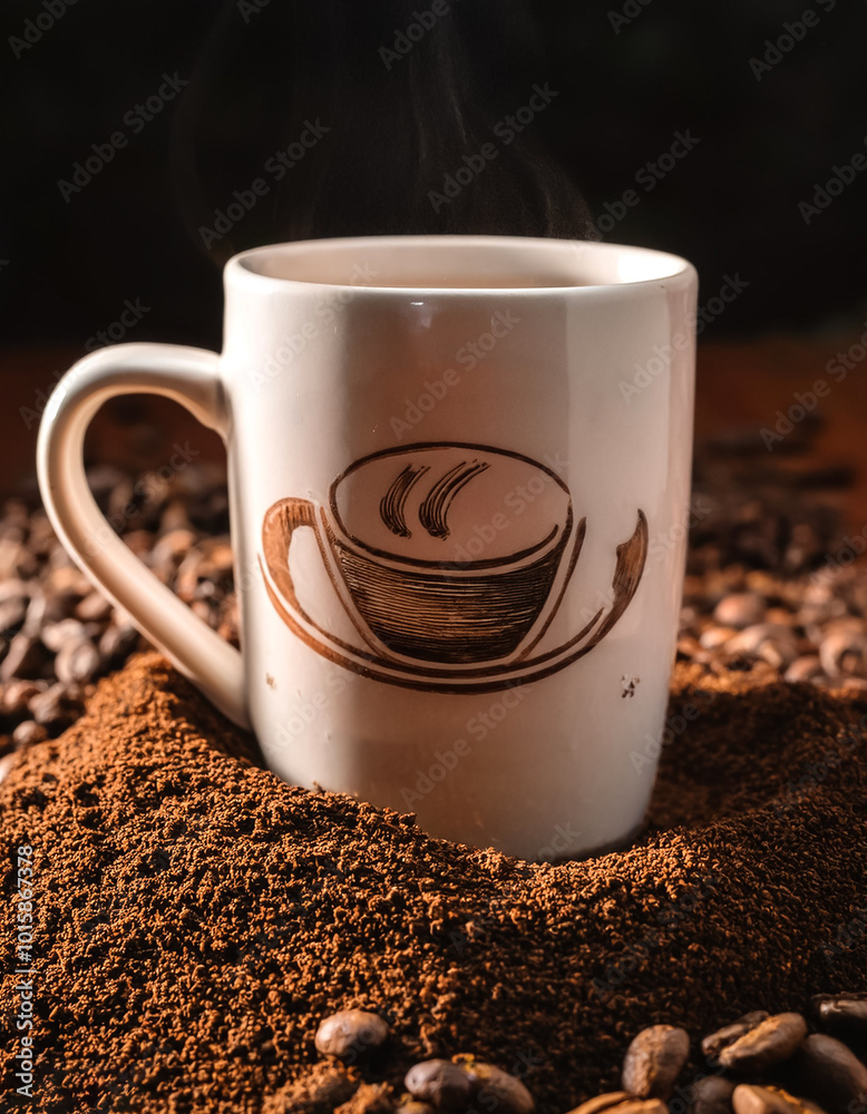 Obraz premium A coffee mug with a motivational quote printed on it. Place the mug amidst a mound of grinded coffee beans, with a few beans scattered in an artistic manner