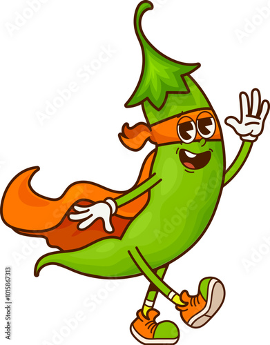 Cartoon groovy legume or green pea pod superhero character with determined expression, wears orange cape and mask, fights evil with superhuman strength, powered by a diet of nutritious beans and nuts