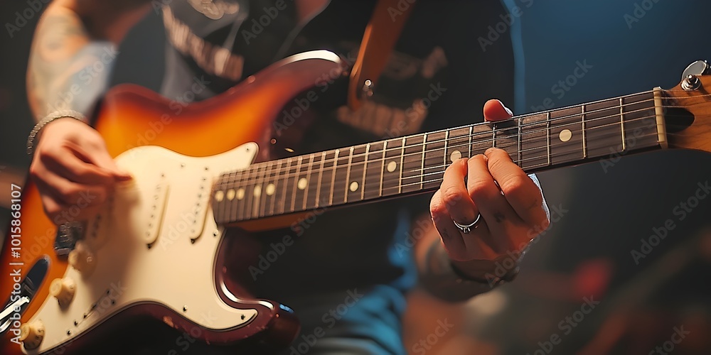 Obraz premium A close-up of a hand playing a sunburst electric guitar, the strings are in focus and the fingers are a blur from the fast playing.