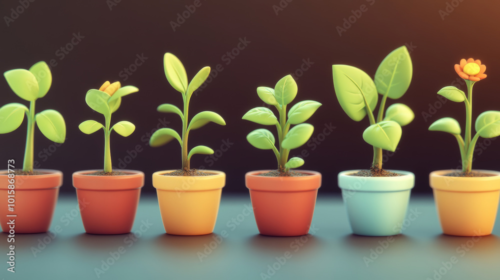A collection of colorful 3D greenhouse icons. Each icon shows a different stage of plant growth, from seedlings to mature plants. A collection of colorful 3D greenhouse icons. Each icon shows a different stage of plant growth, from seedlings to mature plants.