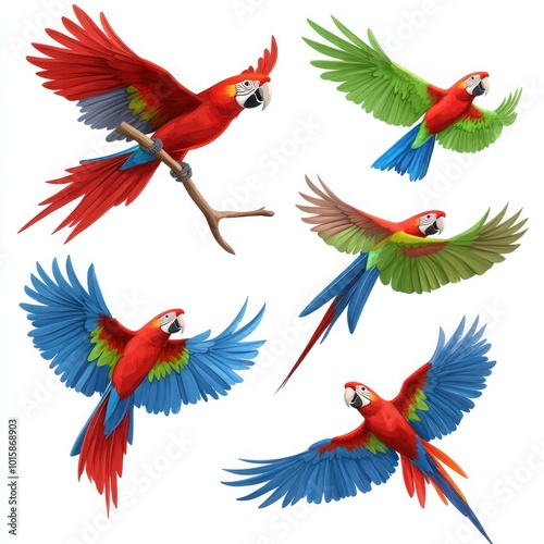 Red Macaw Parrot Collection: Sitting, Flying, and Isolated on Background - Portrait