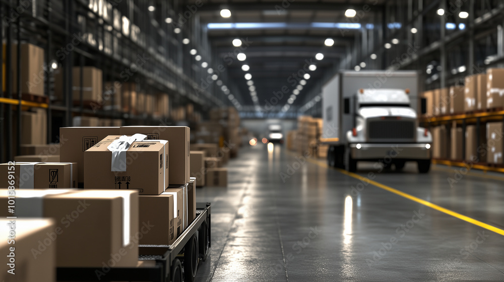 A trolley packed with cardboard packages is wheeled toward a loading dock, where a delivery truck waits, set against the backdrop of a busy distribution facility. A trolley packed with cardboard packages is wheeled toward a loading dock, where a delivery truck waits, set against the backdrop of a busy distribution facility.