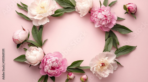 A beautiful card design featuring a round frame made of peonies, perfect for invitations or greetings.