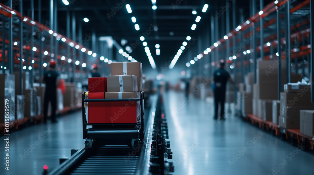 A trolley filled with packages sits near a conveyor belt in a modern warehouse, with workers preparing shipments and organizing deliveries. A trolley filled with packages sits near a conveyor belt in a modern warehouse, with workers preparing shipments and organizing deliveries.