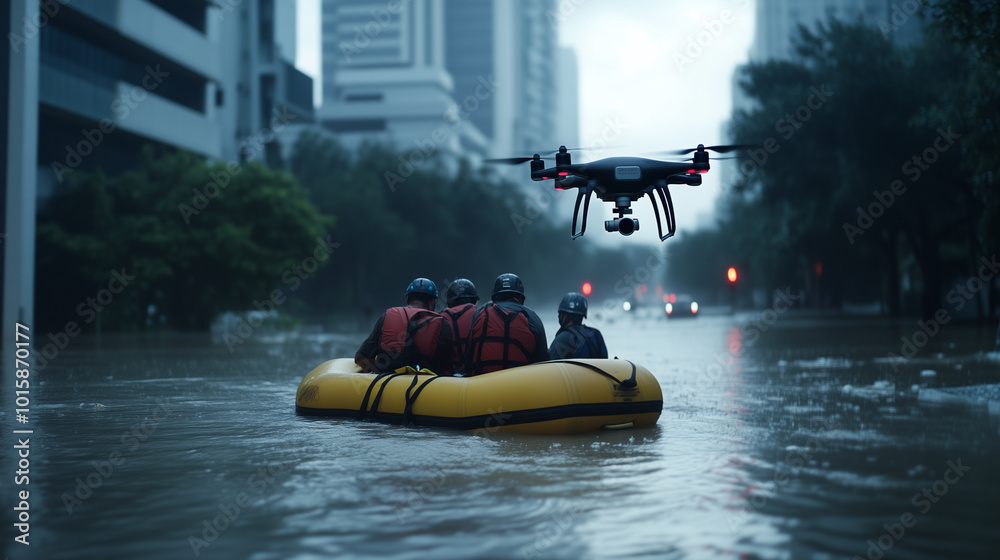 Naklejka premium Rescue workers in an inflatable boat help stranded people in the middle of a flooded city intersection, while a drone surveys the extent of hurricane damage from above.