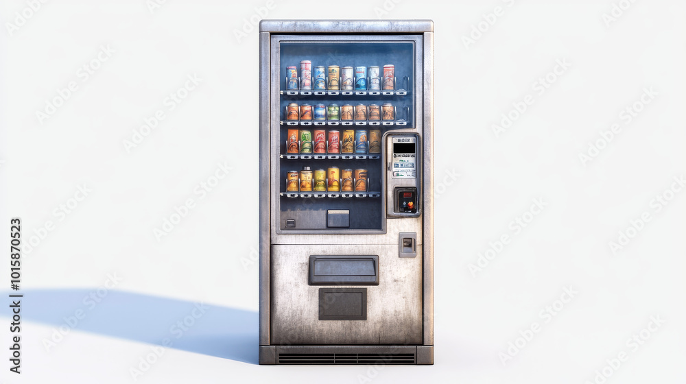 A modern vending machine made to look real, with a steel body and a digital control panel. It's shown on a white background. A modern vending machine made to look real, with a steel body and a digital control panel. It's shown on a white background.