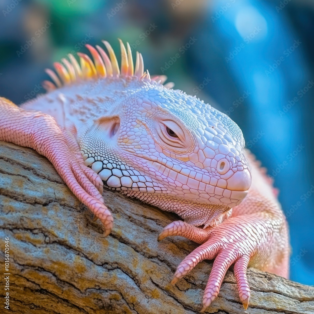 Fototapeta premium Albino Iguana Relaxing on Jungle Tree with Waterfall Background - Exotic Wildlife in Lush Habitat
