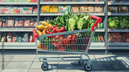 A realistic drawing of a full shopping cart in a supermarket. The cart is filled with fresh groceries and has a red handle. photo