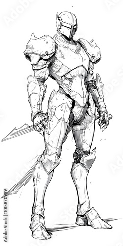 A detailed sketch of a knight in full armor holding a sword, capturing the warrior's strength and determination.